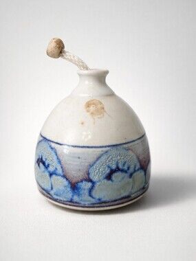 Studio Pottery Ceramic Small Vase Or Oil Bottle Featuring Blue & Brown Design